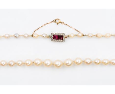 A SINGLE ROW OF PEARLS WITH A RUBY AND DIAMOND CLASPThe pearls of graduated size, strung with knots, with a clasp set with tw