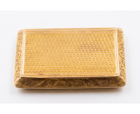 A 19TH CENTURY GOLD SNUFF BOXThe exterior engraved with foliate scrolls to the sides, otherwise engine turned to the cover an