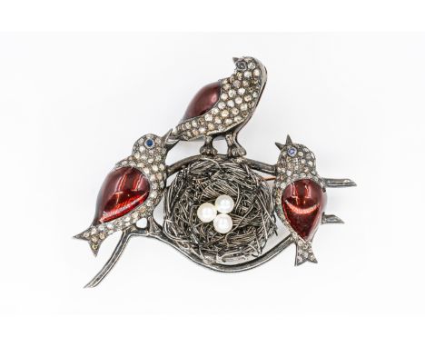 A DIAMOND AND PEARL SET BIRD BROOCHWith three birds, each set with red enamel, rose cut diamonds and blue sapphire eyes, surr