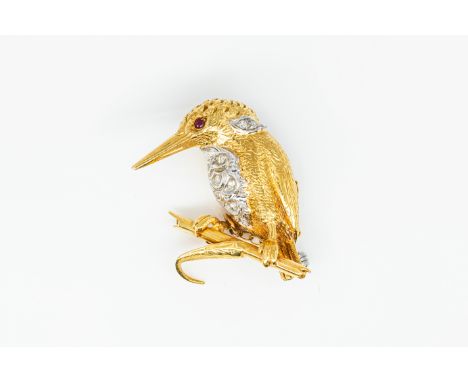 A DIAMOND AND RUBY SET KINGFISHER BROOCHWith a ruby set eye, and round brilliant cut diamond decoration, designed as a Kingfi