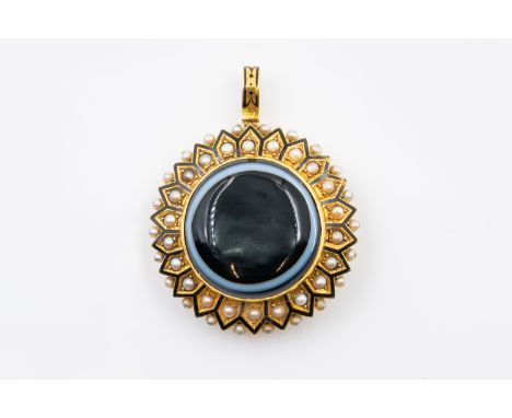 A VICTORIAN MOURNING PENDANTWith a large central piece of banded agate, surrounded by seed and half pearls and decorated with