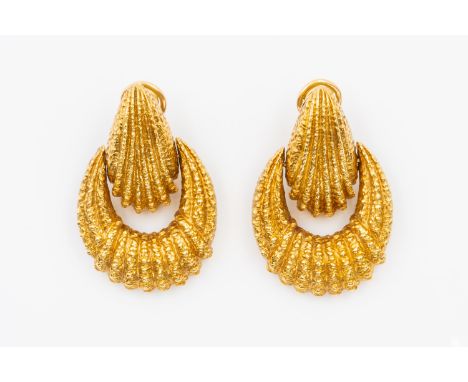 VAN CLEEF AND ARPELS - A PAIR OF GOLD DROP EARRINGSThe earrings have a textured finish, with clips, marked V.C.A B3007R3, in 