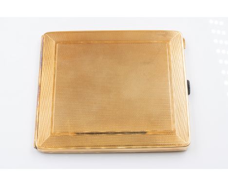 A GOLD RECTANGULAR CIGARETTE CASEThe exterior with engine turned decoration to back and front, size 9cm x 8cm, in 14ct gold, 