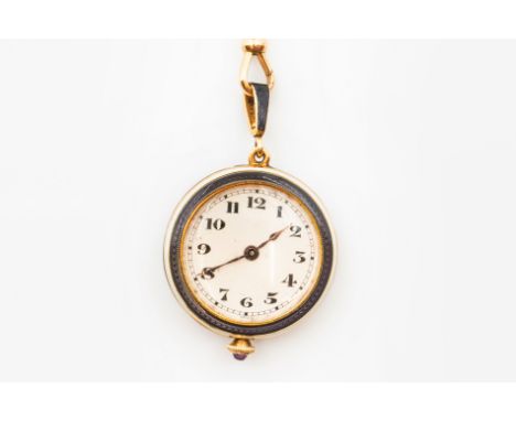 AN ENAMEL AND DIAMOND SET FOB WATCH AND CHAINThe fob watch with white dial and black numbers, decorated with white and purple