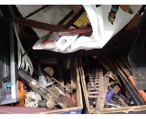Three boxes of mixed hand tools to include hand saws etc. Not available for in-house P&amp;P 
