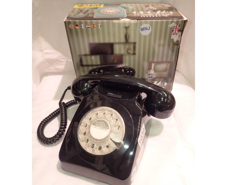 Black 1960/1970s style rotary telephone, compatible with modern telephone banking and any standard analogue landline, boxed. 