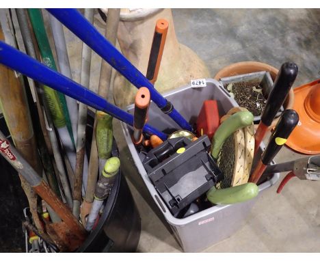 Bin of mixed gardening tools, including bin. Not available for in-house P&amp;P 