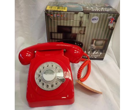 Red 1960/1970s style rotary telephone, compatible with modern telephone banking and any standard analogue landline, boxed. P&