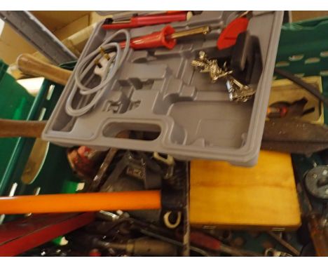 Box of mixed tools including bottle Jacks. Not available for in-house P&amp;P 