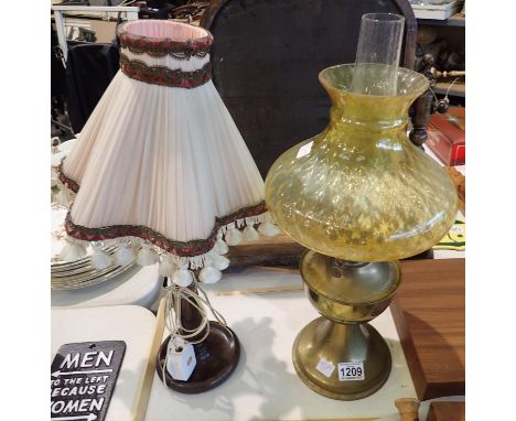 Vintage wooden table lamp with pink shade and a brass oil lamp with funnel and amber glass shade. Not available for in-house 