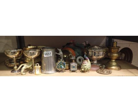 Shelf of mixed metalware to include tankard, miniature clock etc. Not available for in-house P&amp;P 