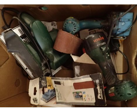 Box of mixed electrical tools including Bosch saw. Not available for in-house P&amp;P 