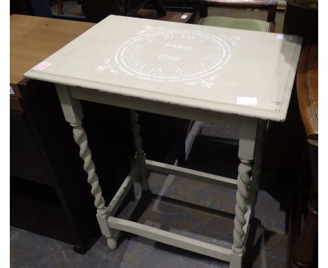 Painted hall table on twisted supports with painted Parisian clock motif to top, 50 x 35 x 70 cm H. Not available for in-hous