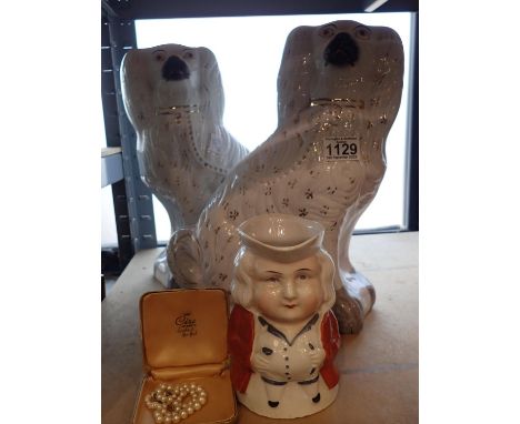 Large Staffordshire style dogs, each H: 30 cm, a Toby jug and a boxed faux pearl necklace. Not available for in-house P&amp;P