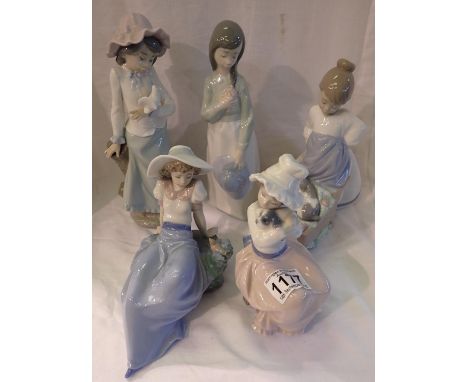 Five Nao figurines, largest H: 23 cm. Not available for in-house P&amp;P 