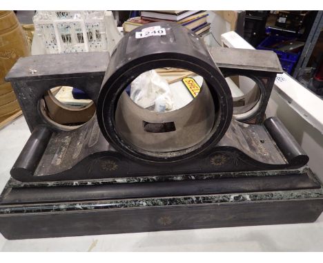 Three slate mantle clock frames, no movements or faces present. Not available for in-house P&amp;P 