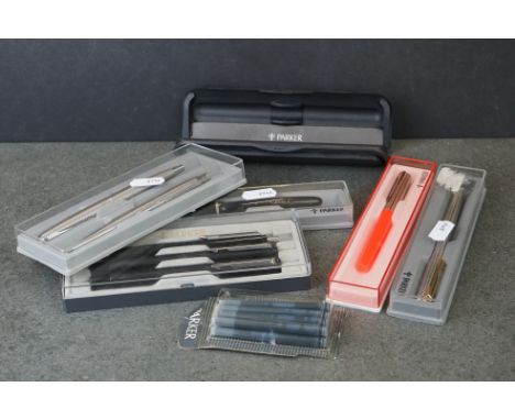 A collection of cased Parker pens to include fountain and roller ball examples. 