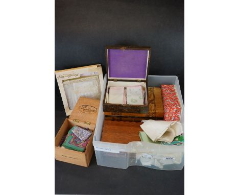 19th century Tunbridge ware style Work Box containing various sewing items together with Collection of Vintage Silk, Lace and