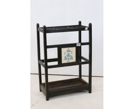 Vintage oak stick stand with inset commemorating E R Tile, dated 1937 