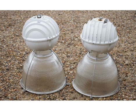 Pair of Holophane industrial light fittings with substantial glass shades, suitable for domestic adaptation. Height 60cm, Dia