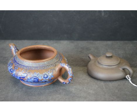 Chinese Yixing style Squat Teapot with lid, 14cms long together with a similar Tea Pot with blue floral decoration (lacking l