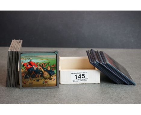 Two Sets of Magic Lantern Slides including Eight ' Our Fireman ' and Eight ' Gulliver's Travels ', both in boxes lacking lids