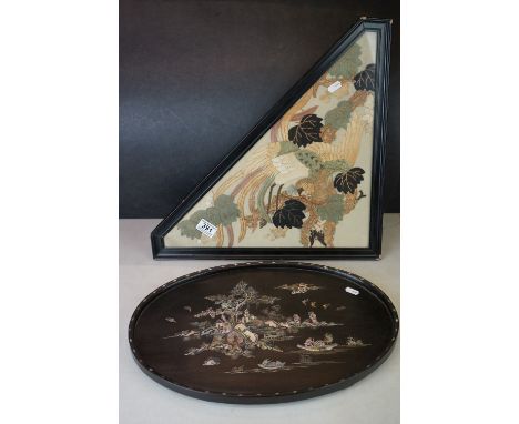 Oriental Triangular Silk Embroidery depicting an Exotic Bird, 56cms long, framed and glazed together with Oval Black Tray wit