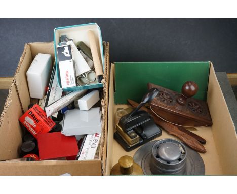 A group of mixed collectables to include inkwell, blotter, stamp, brass paperclip and a collection of writing and drawing equ