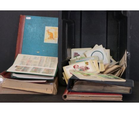 Box containing a collection of UK and overseas stamps, Post Office Picture Cards, an album of vintage postcards etc 