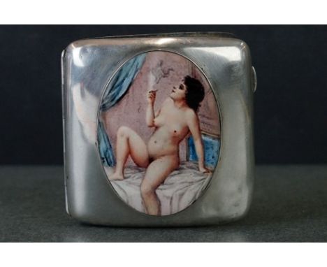 Large silver case with nude enamel plaque 