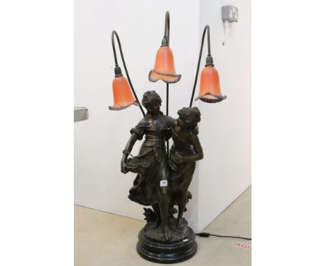 After Moreau, Large Cast Metal Bronzed Table Lamp in the form of Two Maidens, the three branches with mottled glass shades, r