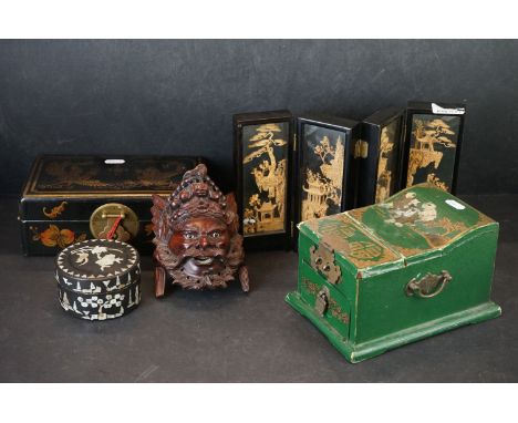 Oriental items including Green Lacquered and Chinoiserie decorated Jewllery Box, another Lacquered Box, Mother of Pearl Inlai