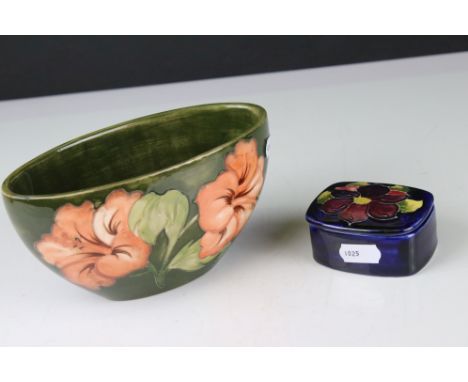 Two items of Moorcroft including Flower Trough / Vase in the hibiscus pattern with impressed mark and paper label to base, 9c