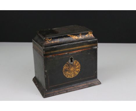 19th century Toleware Tea Caddy, the hinged lid opening to twin compartments, with key, 15cms high 