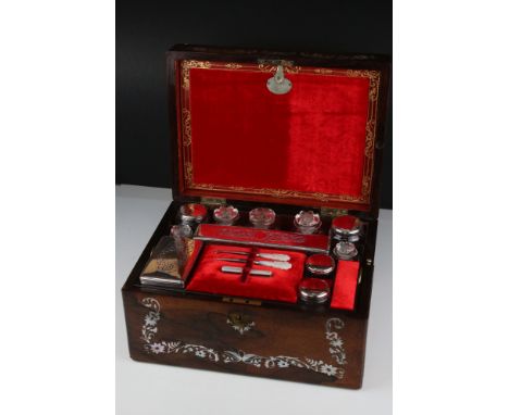 19th century Rosewood and Mother of Pearl Inlaid Ladies Travelling Dressing / Vanity Box, fitted with various bottles and jar