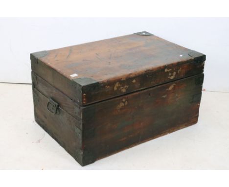 Large 19th century Pine and Metal Bound Blanket Box / Travelling Trunk, 91cms long x 60cms deep x 49cms high 