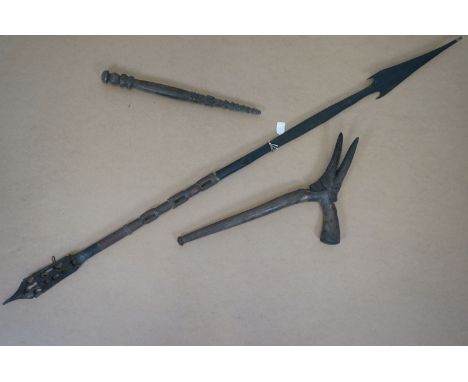 Vintage tribal ceremonial spear, together with two associated items (3) 