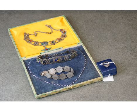 A vintage indian silver and enamel necklace together with a similar bracelet, a 3d coin bracelet and a 9ct gold ladies dress 