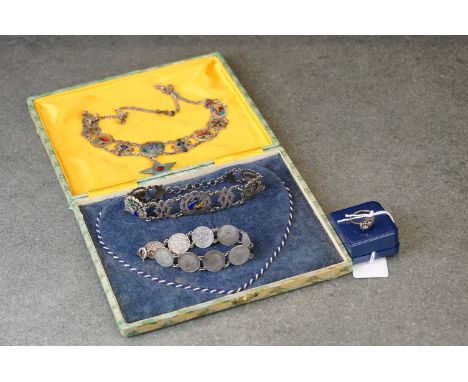 A vintage indian silver and enamel necklace together with a similar bracelet, a 3d coin bracelet and a 9ct gold ladies dress 