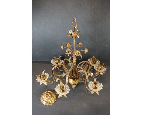 Six branch formed metal chandelier of floriat design, with glass florets containing the bulb holders 