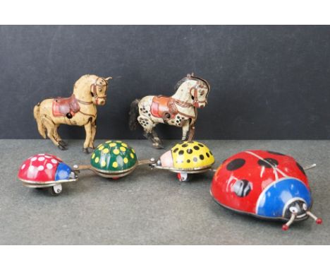 Japanese vintage tinplate ladybird with young &amp; two tinplate horses 