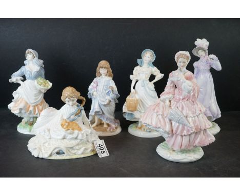 Six Royal Worcester Figurines including 1855 The Crinoline, 1818 The Regency, Safe at last, The Milkmaid, Lullaby and Rosie p