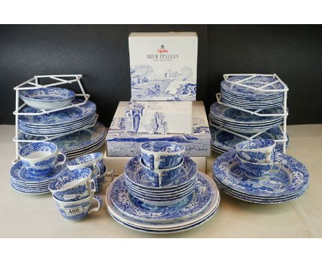 Large Collection of Spode Italian Blue and White Tea and Dinner Ware including 9 Cups, 7 Saucers, 8 Tea Plates, 8 Breakfast P