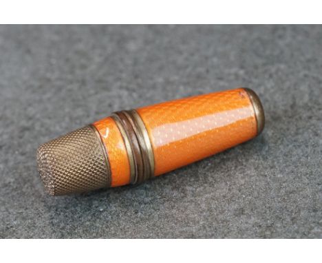 An antique guilloche enamel pin holder and thimble combination. 