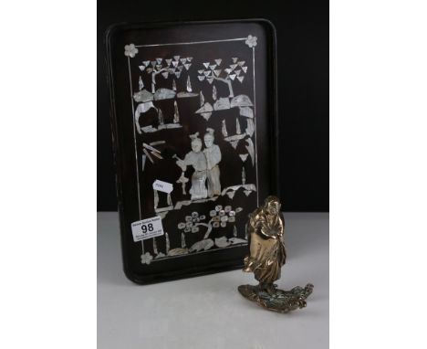 Chinese Brass Figure of an Elder, 13cms high together with Lacquered Tray with Mother of Pearl Inlay, 32cms long 