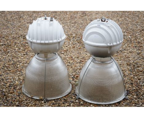 Pair of Holophane industrial light fittings with substantial glass shades, suitable for domestic adaptation. Height 60cm, Dia