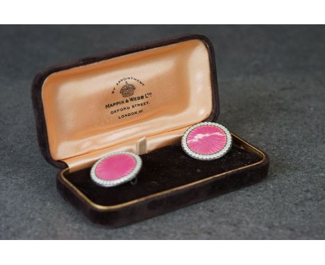 A pair of fully hallmarked sterling silver and pick enamel brooches maker marked JA&amp;S and assay in Birmingham. 