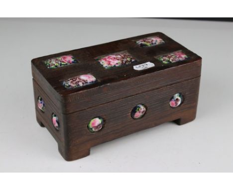 Art Deco wooden jewellery box with decorated concave enamel on copper roundels and rectangles 