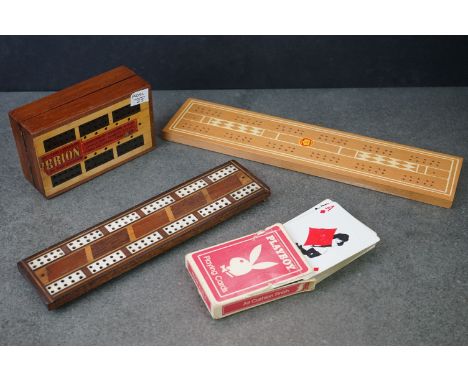 Three vintage cribbage boards &amp; a pack of 1970s American Playboy playing cards 