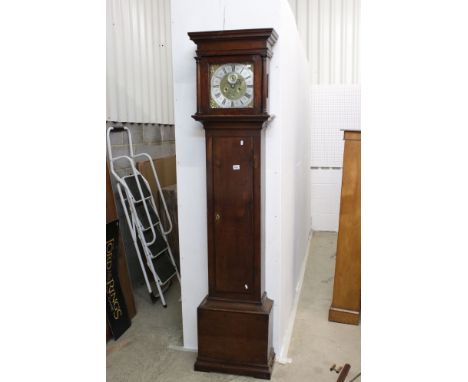 18th / 19th century Oak Longcase 8 Day Clock, the square hood enclosing 12" Brass and Silvered Dial with seconds dial and dat